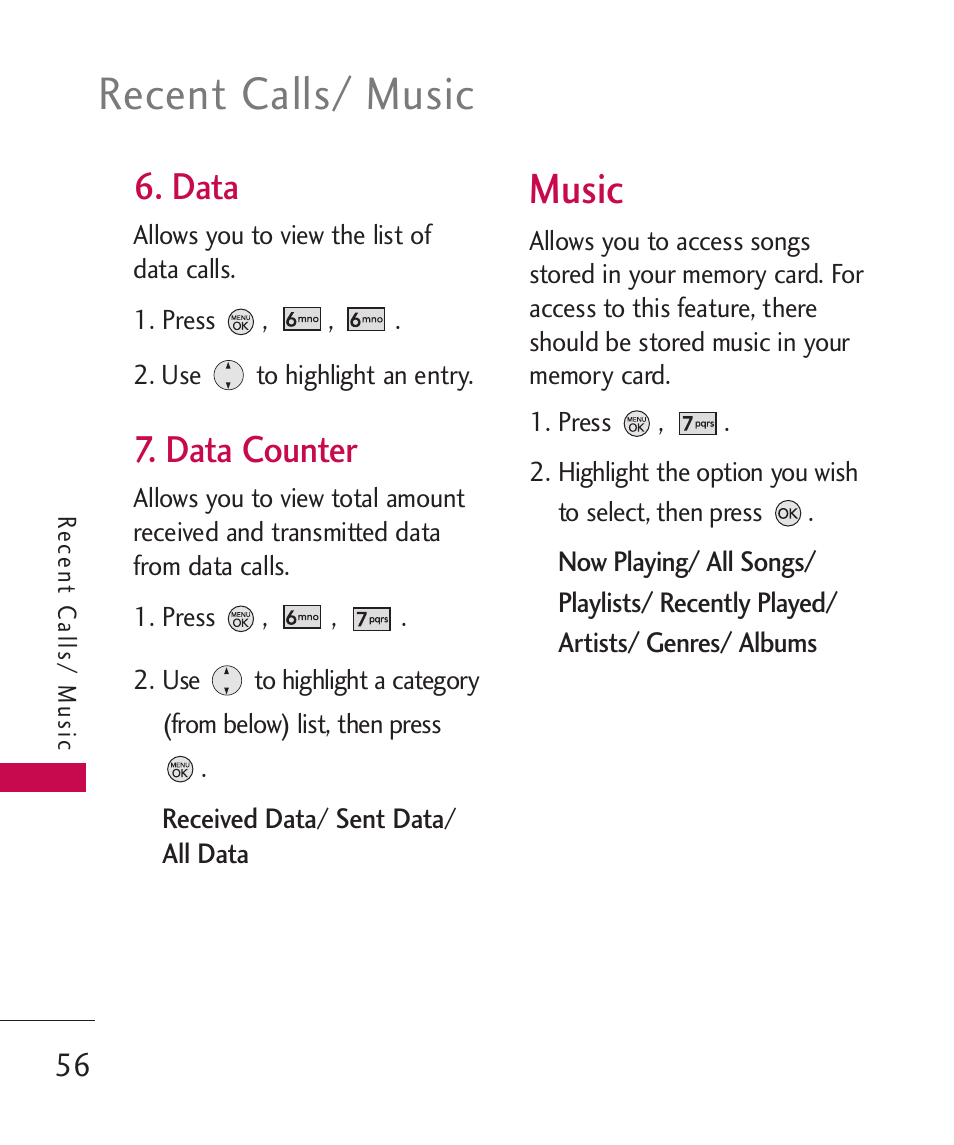 Data, Data counter, Music | Recent calls/ music | LG LG370 User Manual | Page 58 / 119