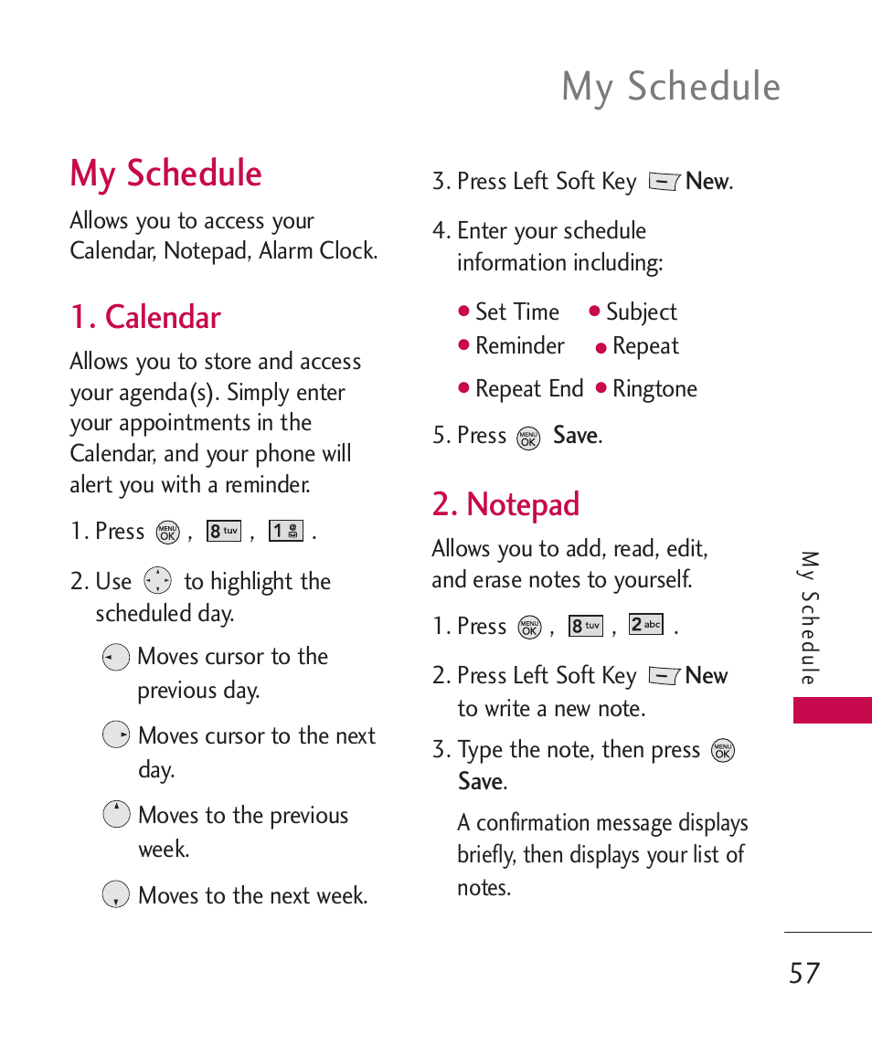 My schedule, Calendar, Notepad | LG LG370 User Manual | Page 59 / 119