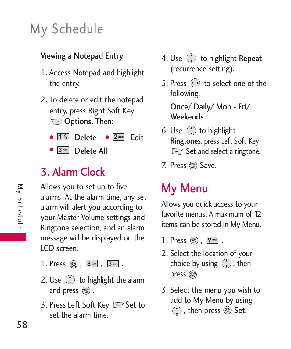 Alarm clock, My menu, My schedule | LG LG370 User Manual | Page 60 / 119