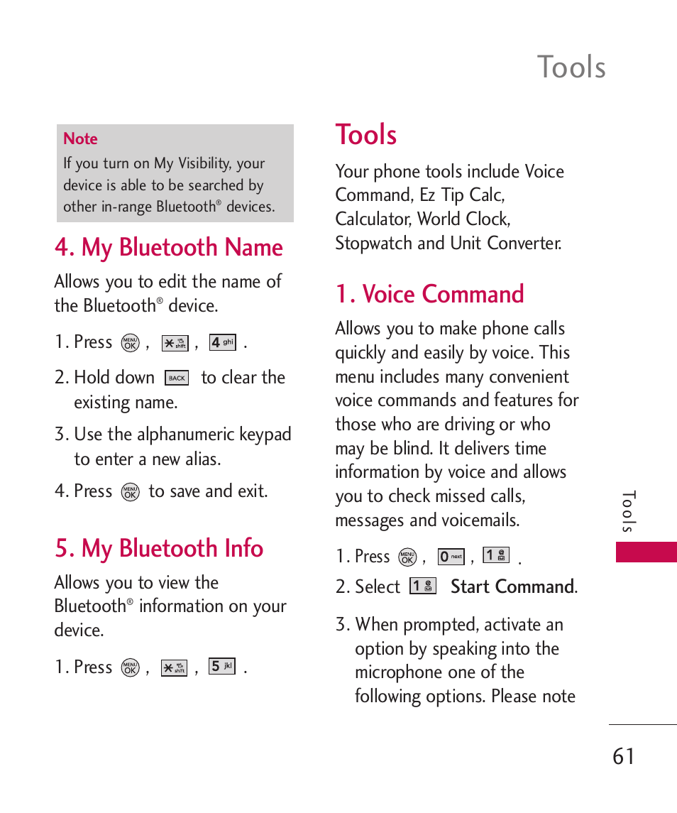 My bluetooth name, My bluetooth info, Tools | Voice command | LG LG370 User Manual | Page 63 / 119