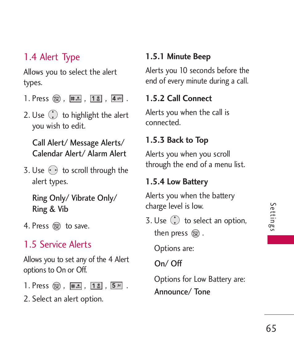 4 alert type, 5 service alerts | LG LG370 User Manual | Page 67 / 119