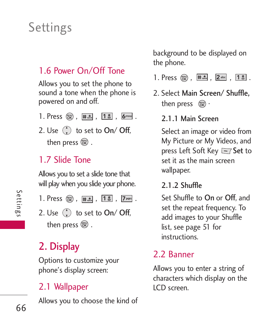 6 power on/off tone, 7 slide tone, Display | 1 wallpaper, 2 banner, Settings | LG LG370 User Manual | Page 68 / 119