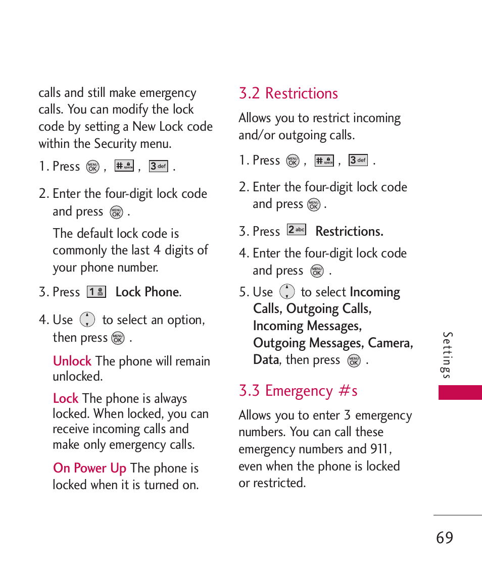 2 restrictions, 3 emergency #s | LG LG370 User Manual | Page 71 / 119