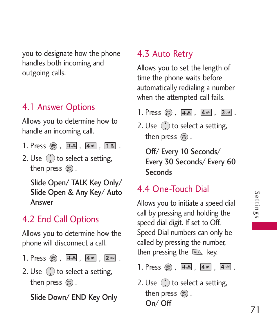 1 answer options, 2 end call options, 3 auto retry | 4 one-touch dial, 5 voice privacy | LG LG370 User Manual | Page 73 / 119