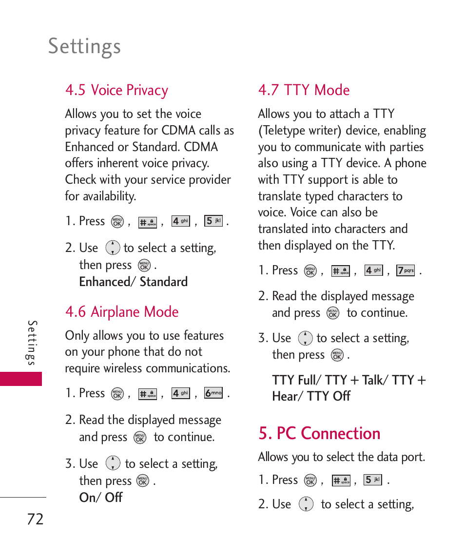 6 airplane mode, 7 tty mode, Pc connection | Settings, 5 voice privacy | LG LG370 User Manual | Page 74 / 119