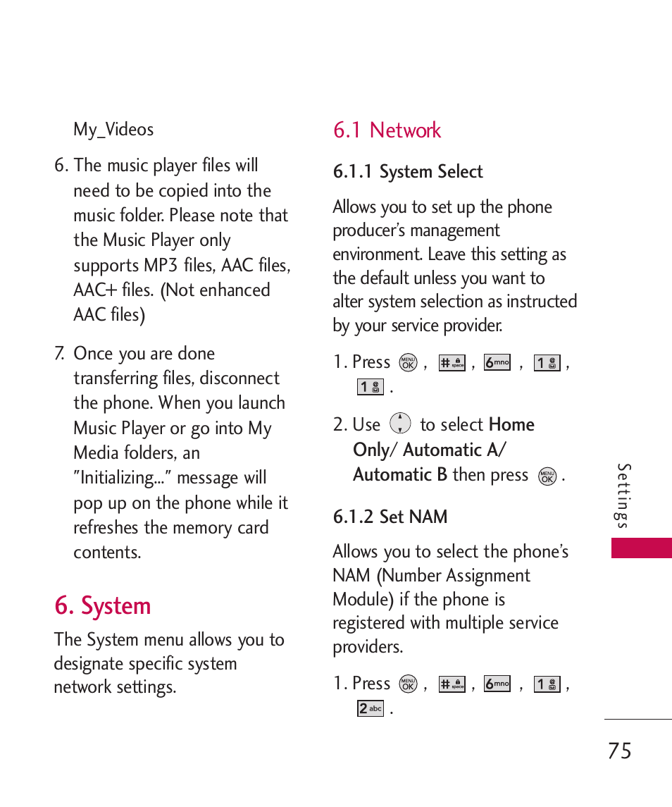 System, 1 network | LG LG370 User Manual | Page 77 / 119