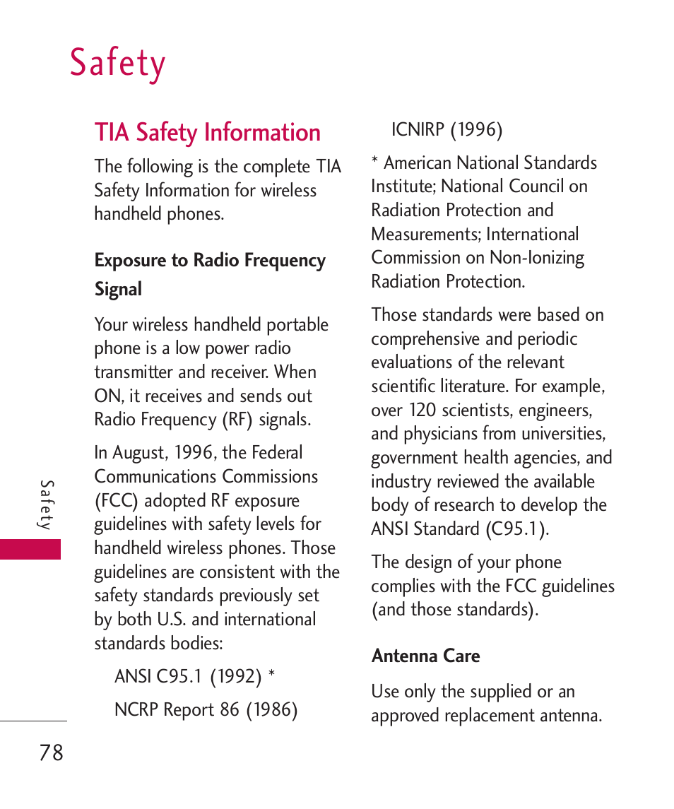 Safety, Tia safety information, Exposure to radio frequency signal 78 | Antenna care | LG LG370 User Manual | Page 80 / 119