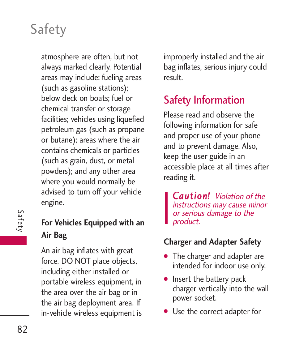 For vehicles equipped with an air bag, Safety information, Charger and adapter safety | Safety | LG LG370 User Manual | Page 84 / 119