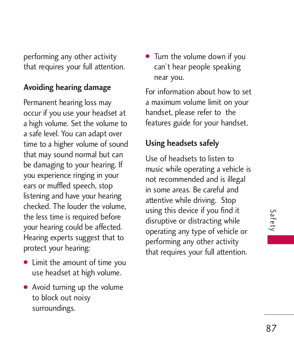 Avoiding hearing damage, Using headsets safely | LG LG370 User Manual | Page 89 / 119