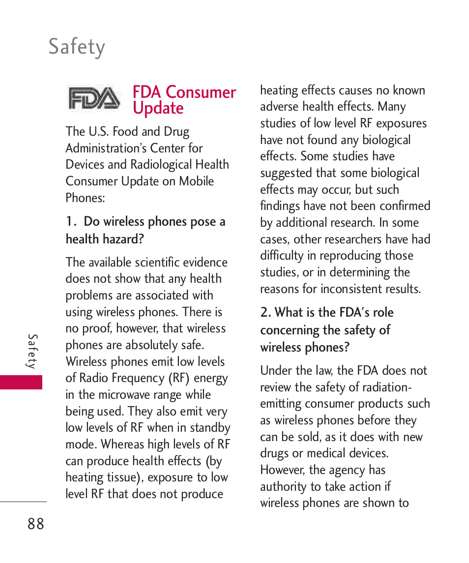 Fda consumer update, Safety | LG LG370 User Manual | Page 90 / 119