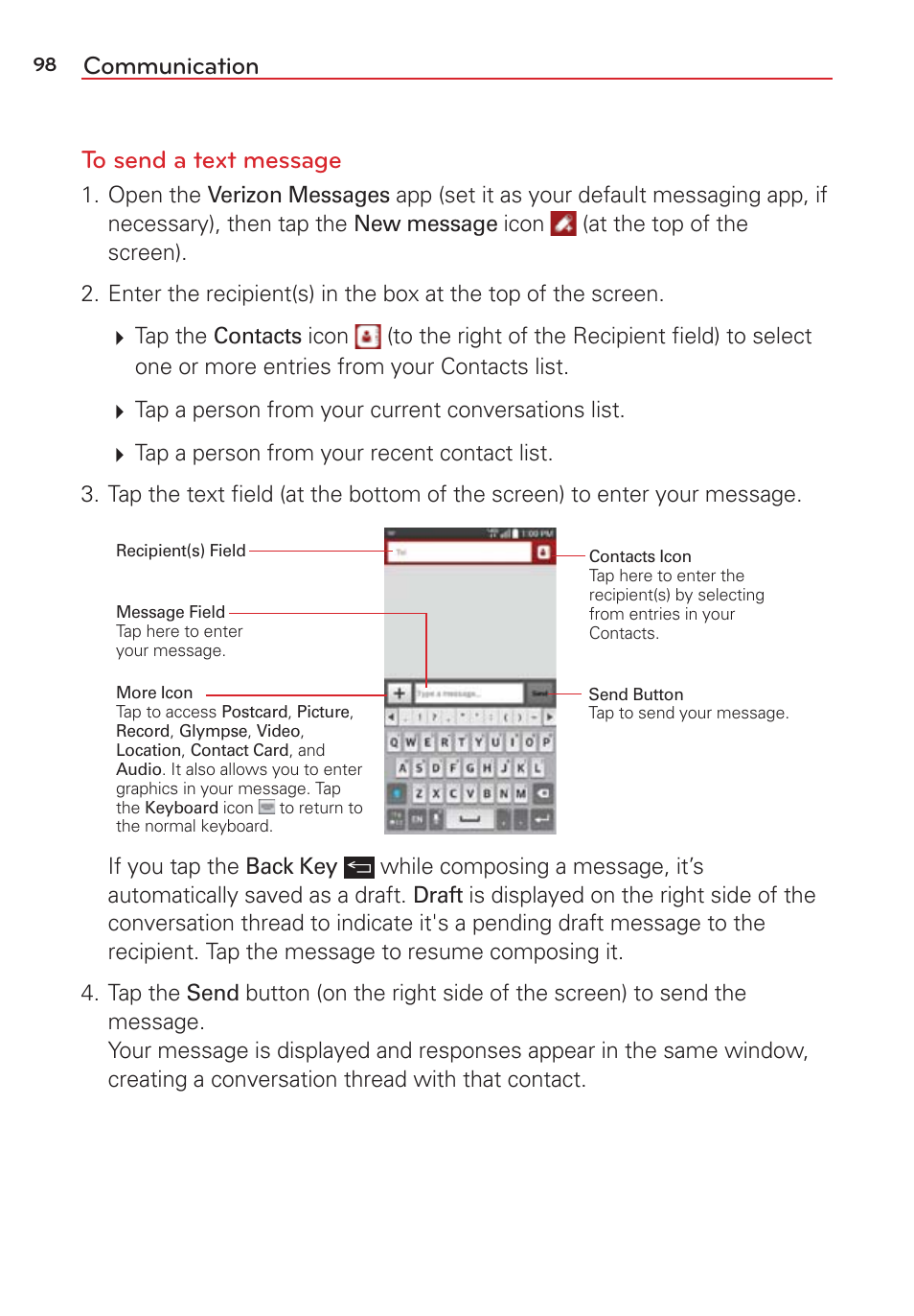 Communication to send a text message | LG LGVS876 User Manual | Page 100 / 226