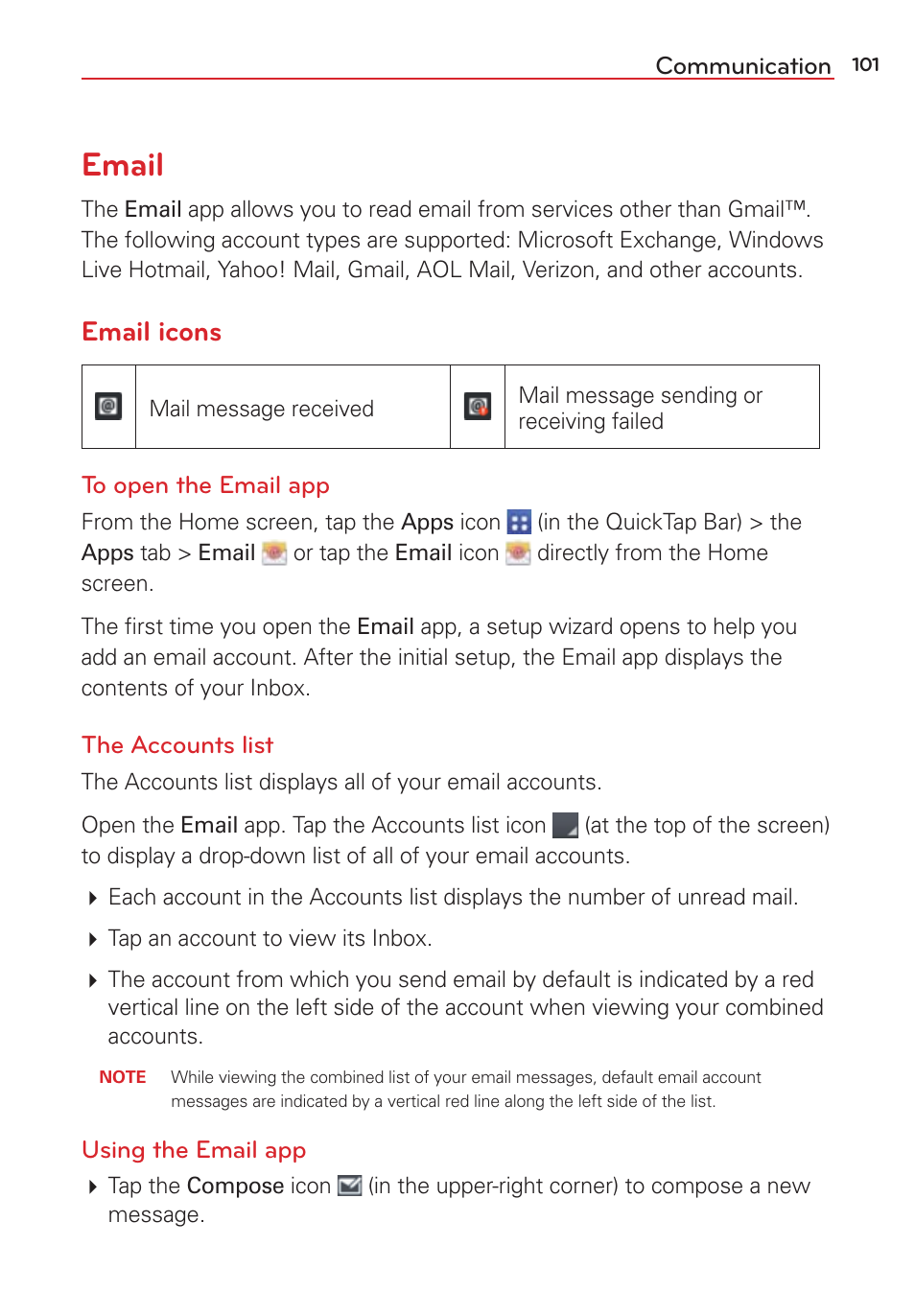 Email, Email icons | LG LGVS876 User Manual | Page 103 / 226