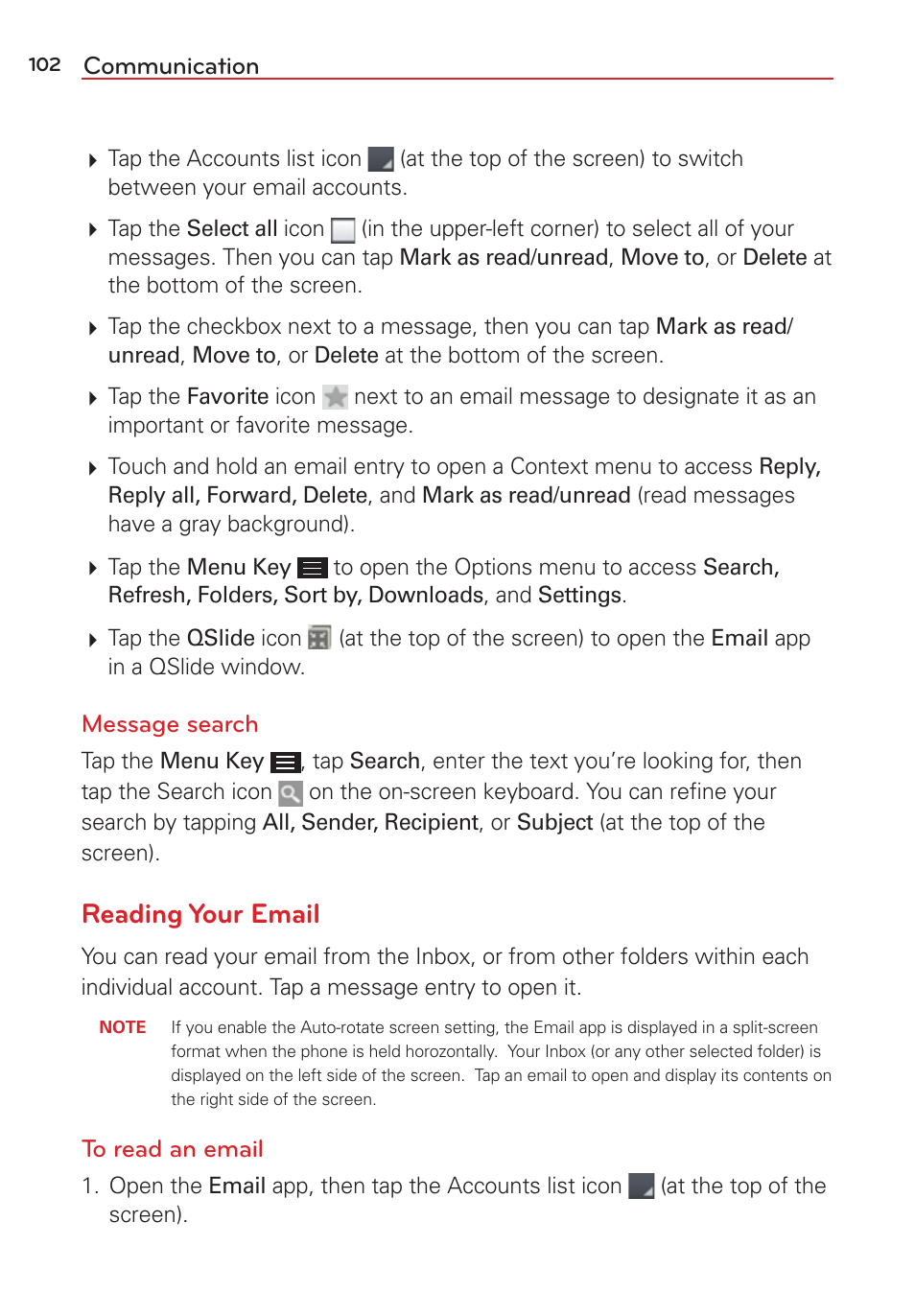 Reading your email, Communication, Message search | LG LGVS876 User Manual | Page 104 / 226