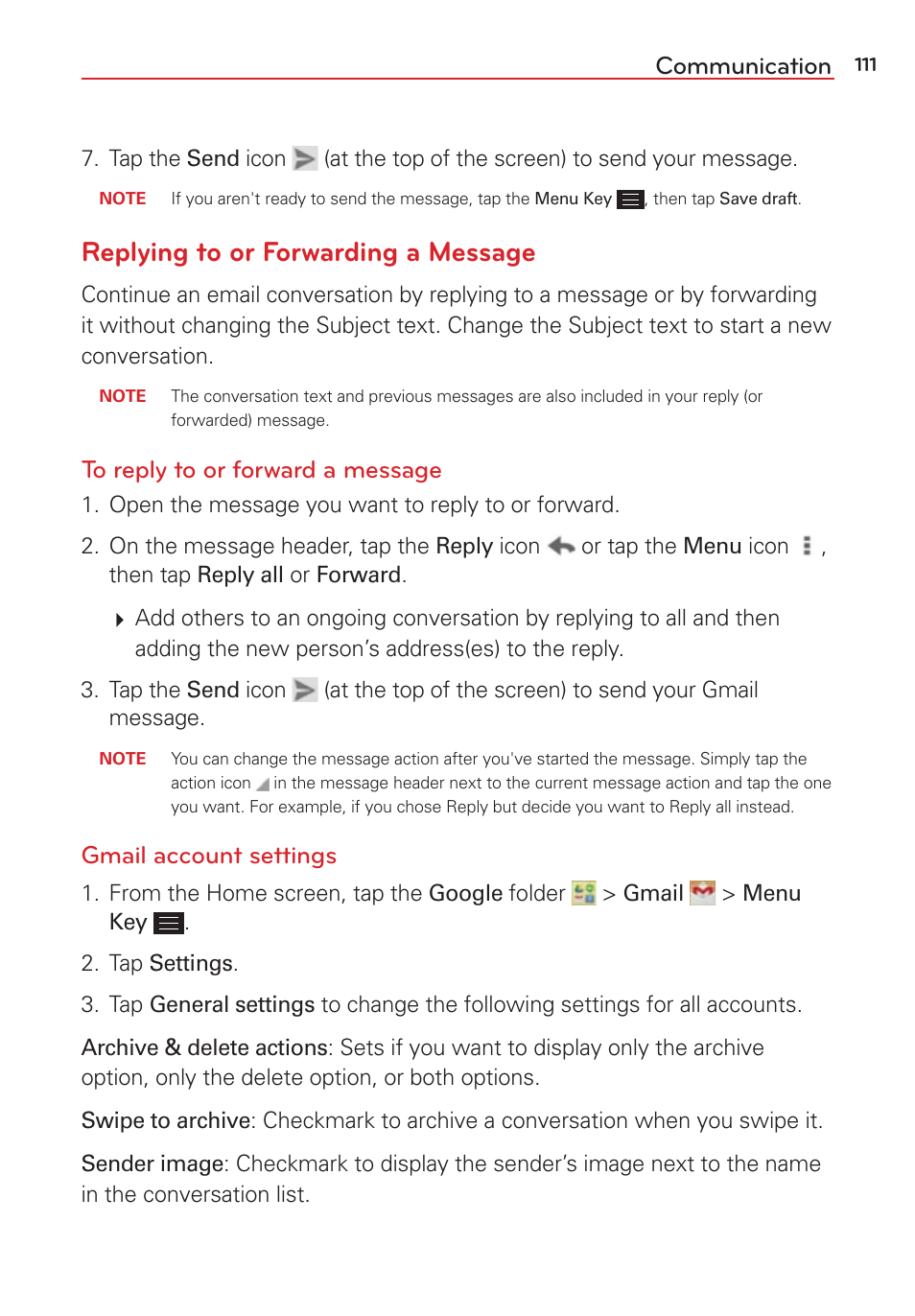 Replying to or forwarding a message, Communication, Gmail account settings | LG LGVS876 User Manual | Page 113 / 226