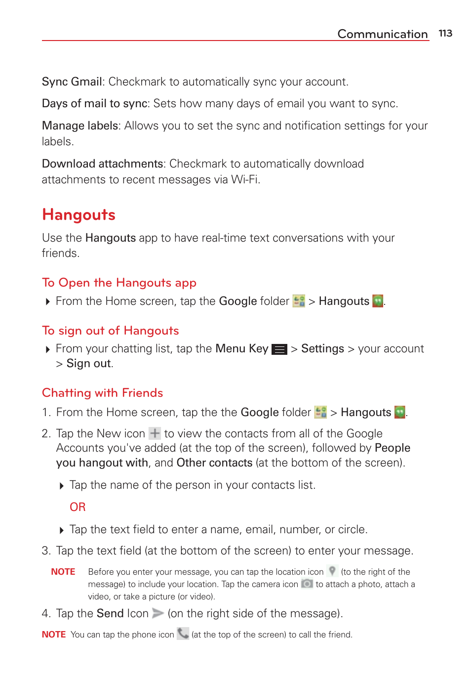 Hangouts, Communication, Chatting with friends | LG LGVS876 User Manual | Page 115 / 226