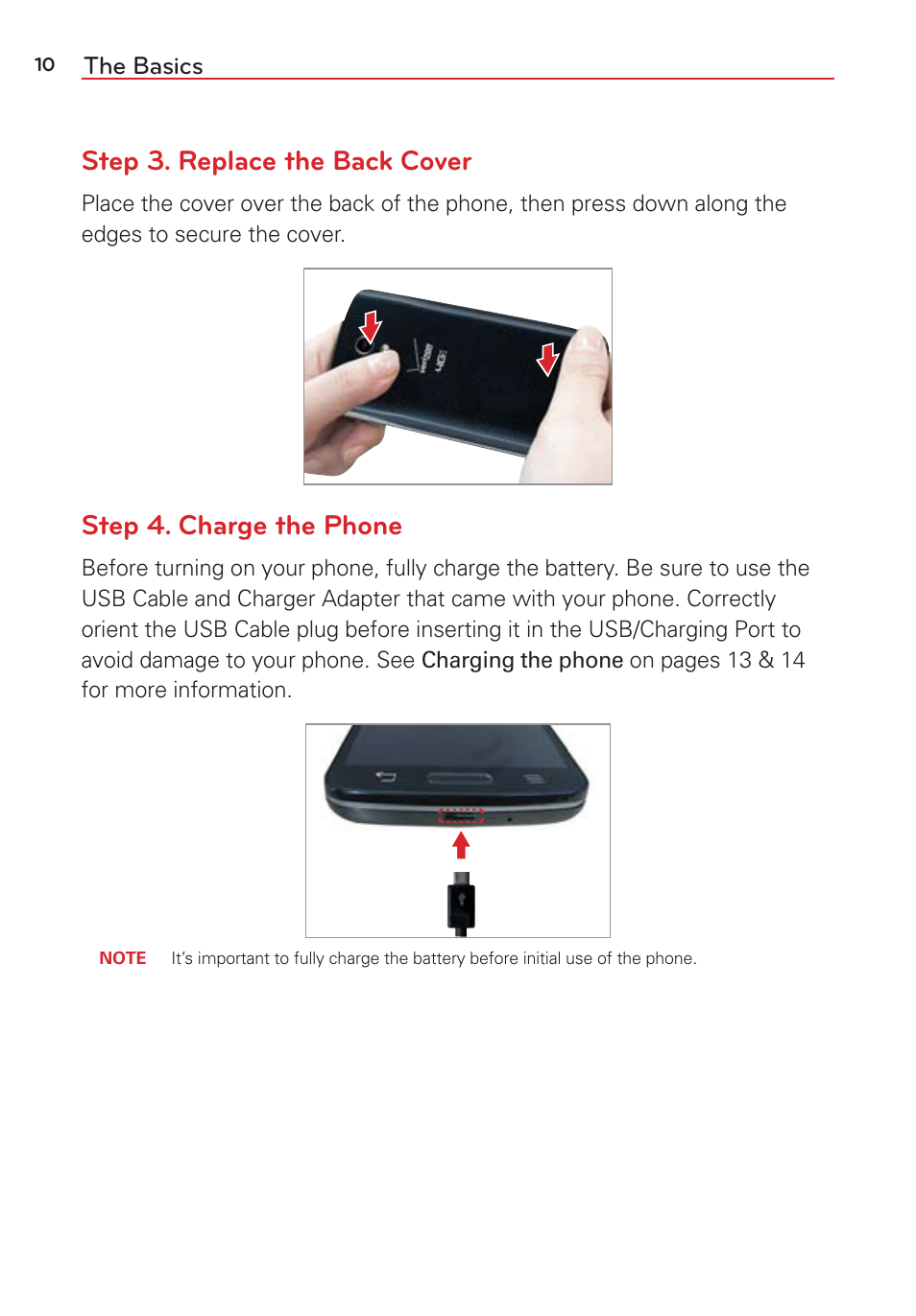 Step 3. replace the back cover, Step 4. charge the phone | LG LGVS876 User Manual | Page 12 / 226