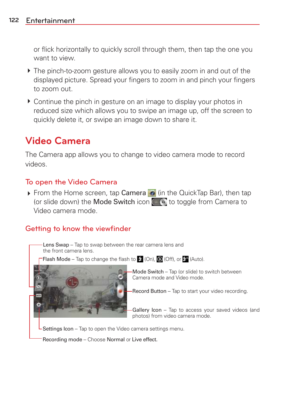 Video camera, Entertainment, Getting to know the viewﬁnder | LG LGVS876 User Manual | Page 124 / 226