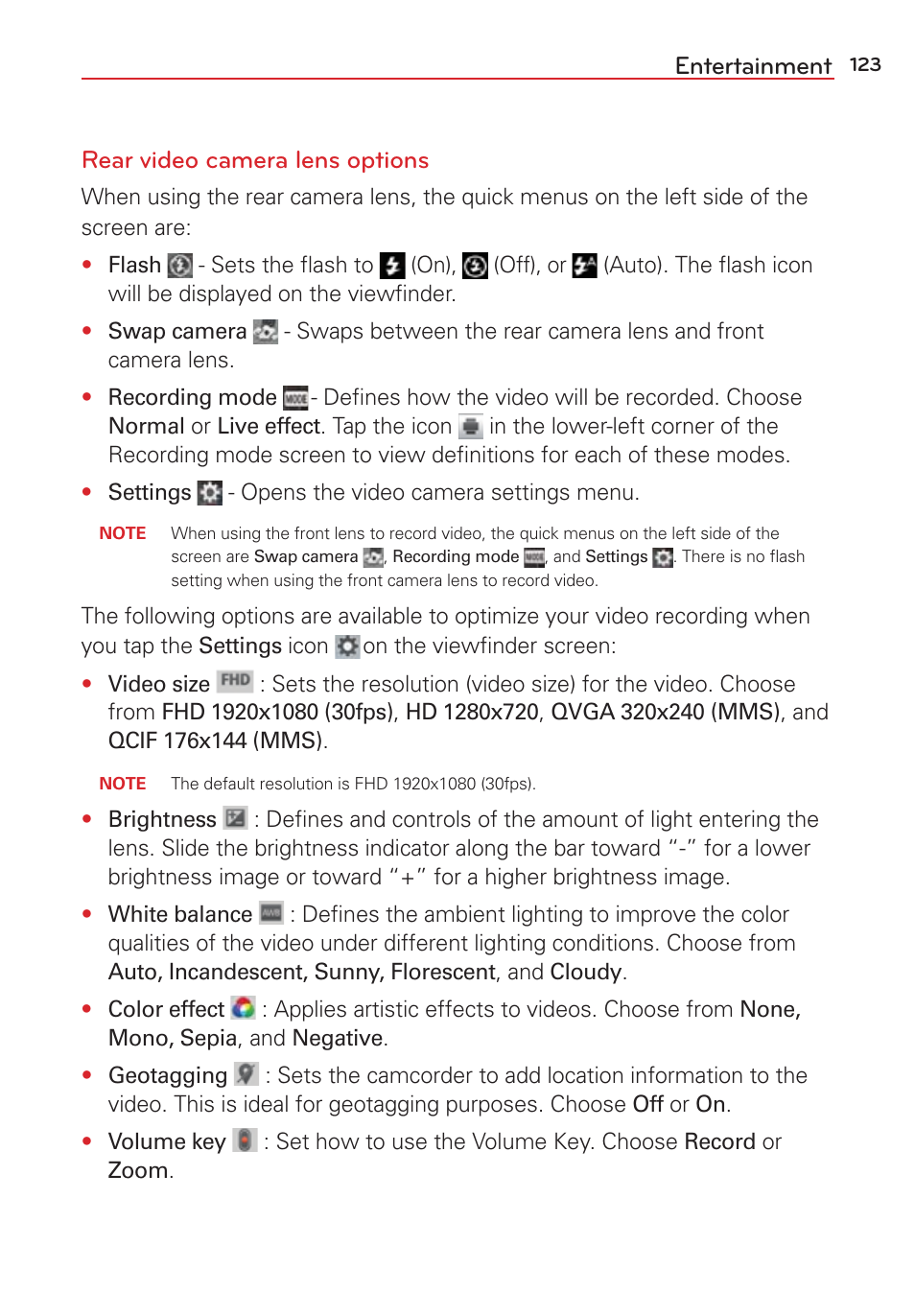 Entertainment rear video camera lens options | LG LGVS876 User Manual | Page 125 / 226