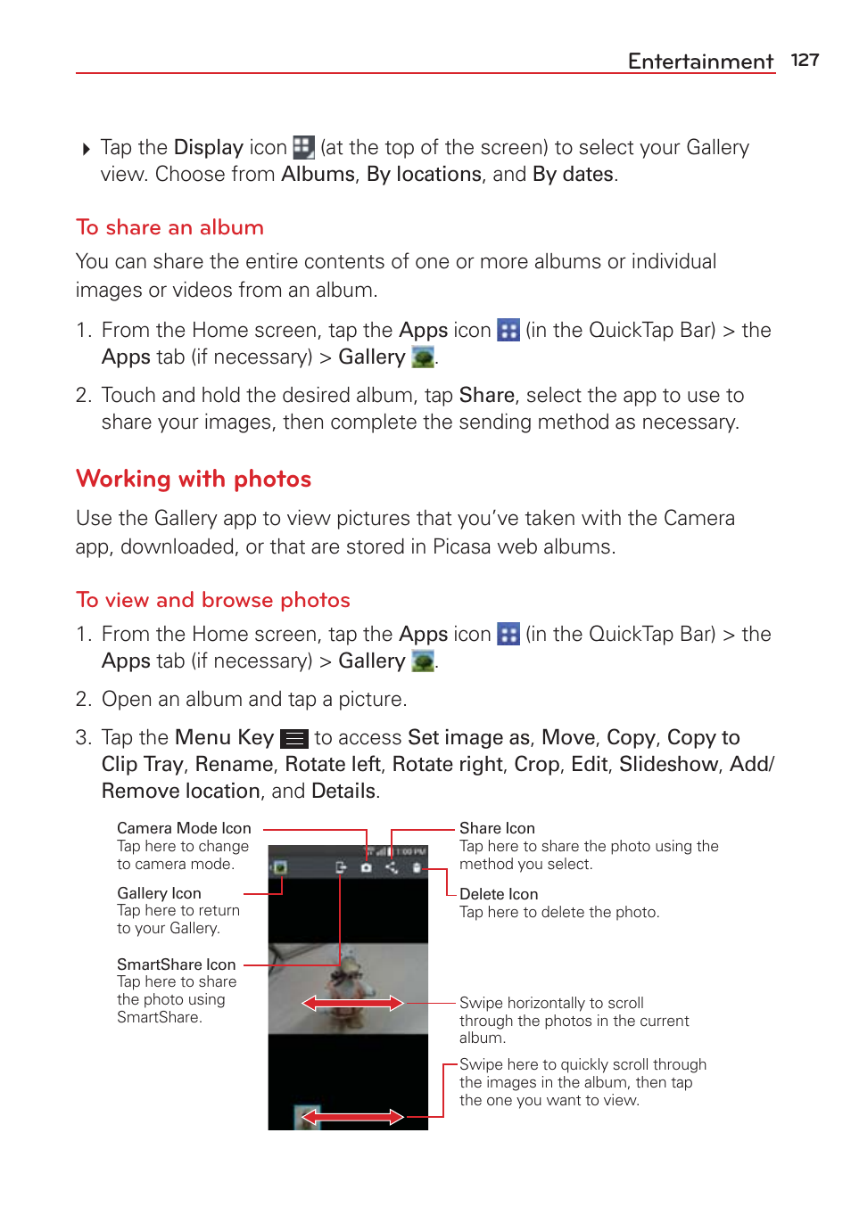 Working with photos, Entertainment | LG LGVS876 User Manual | Page 129 / 226