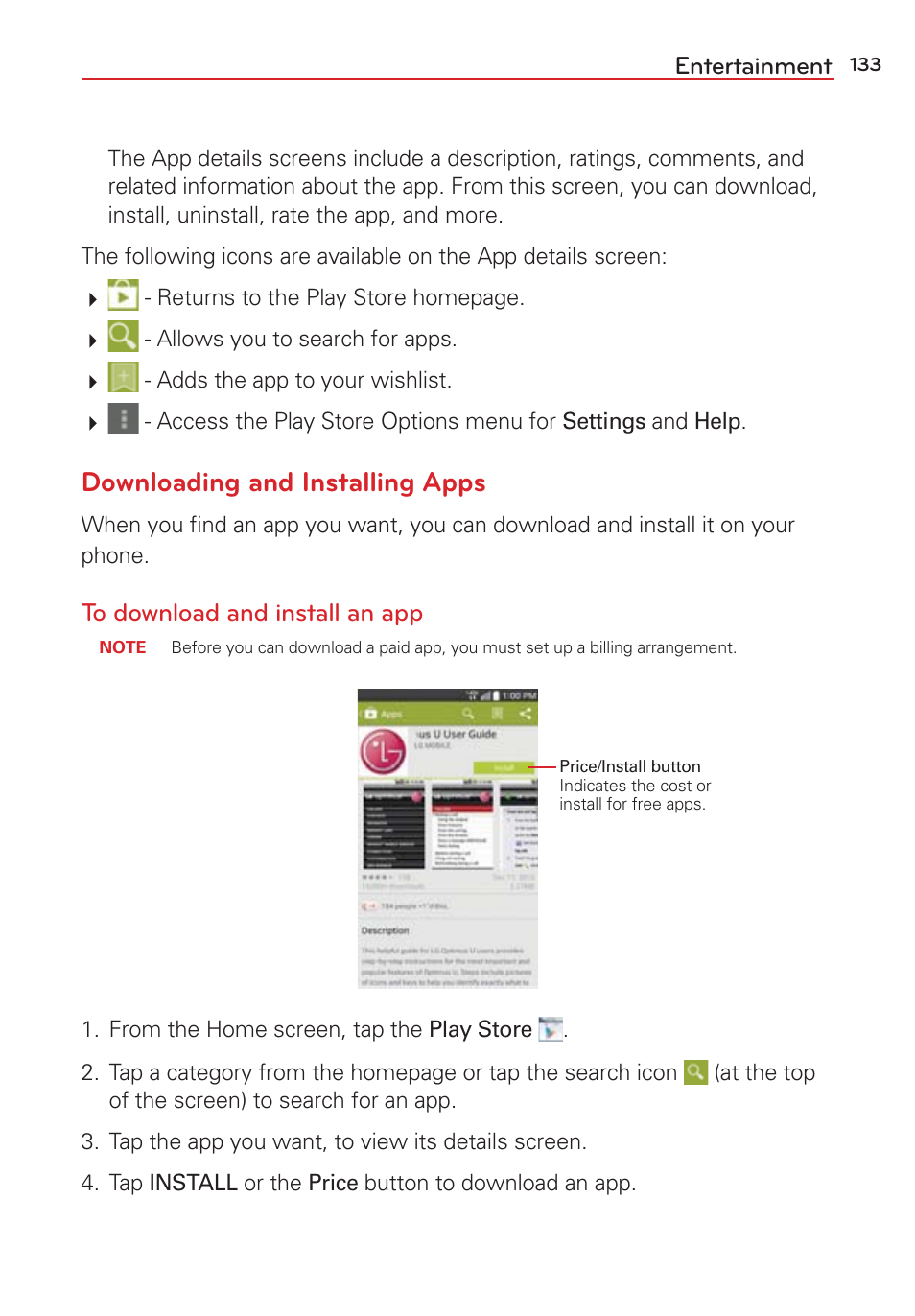 Downloading and installing apps | LG LGVS876 User Manual | Page 135 / 226