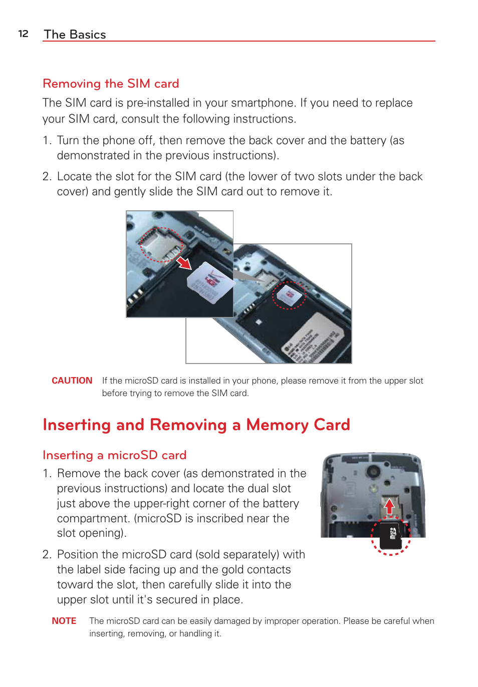 Inserting and removing a memory card, The basics removing the sim card, Inserting a microsd card | LG LGVS876 User Manual | Page 14 / 226