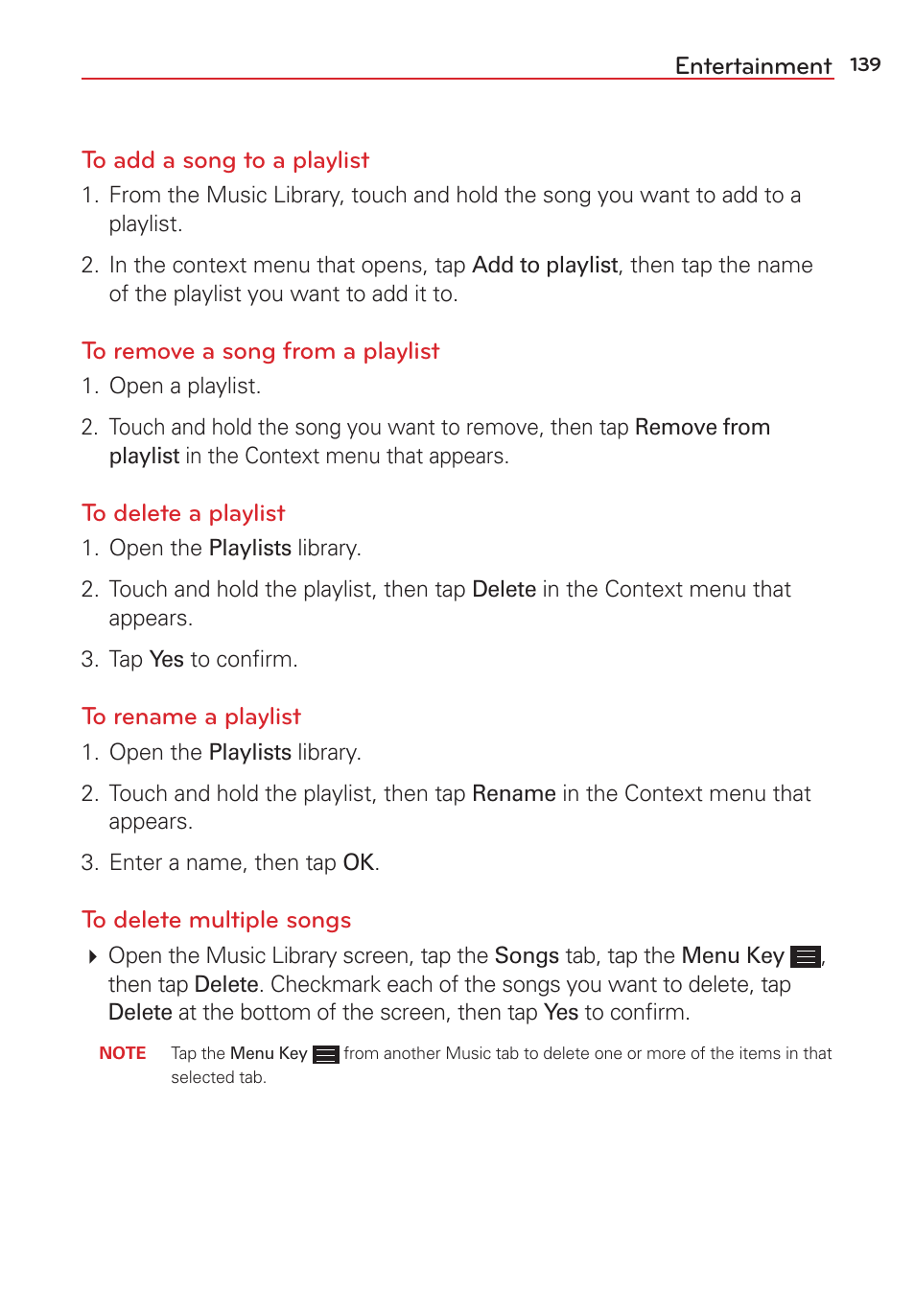 Entertainment to add a song to a playlist | LG LGVS876 User Manual | Page 141 / 226