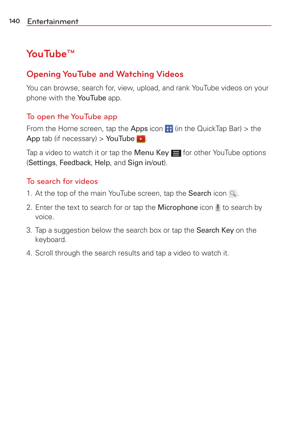 Youtube, Opening youtube and watching videos | LG LGVS876 User Manual | Page 142 / 226