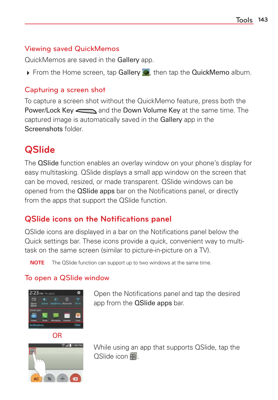 Qslide, Qslide icons on the notiﬁcations panel | LG LGVS876 User Manual | Page 145 / 226