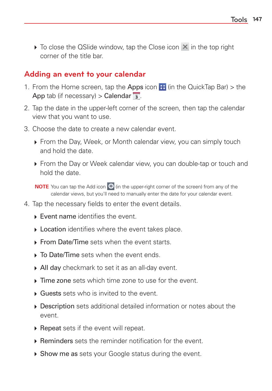 Adding an event to your calendar | LG LGVS876 User Manual | Page 149 / 226