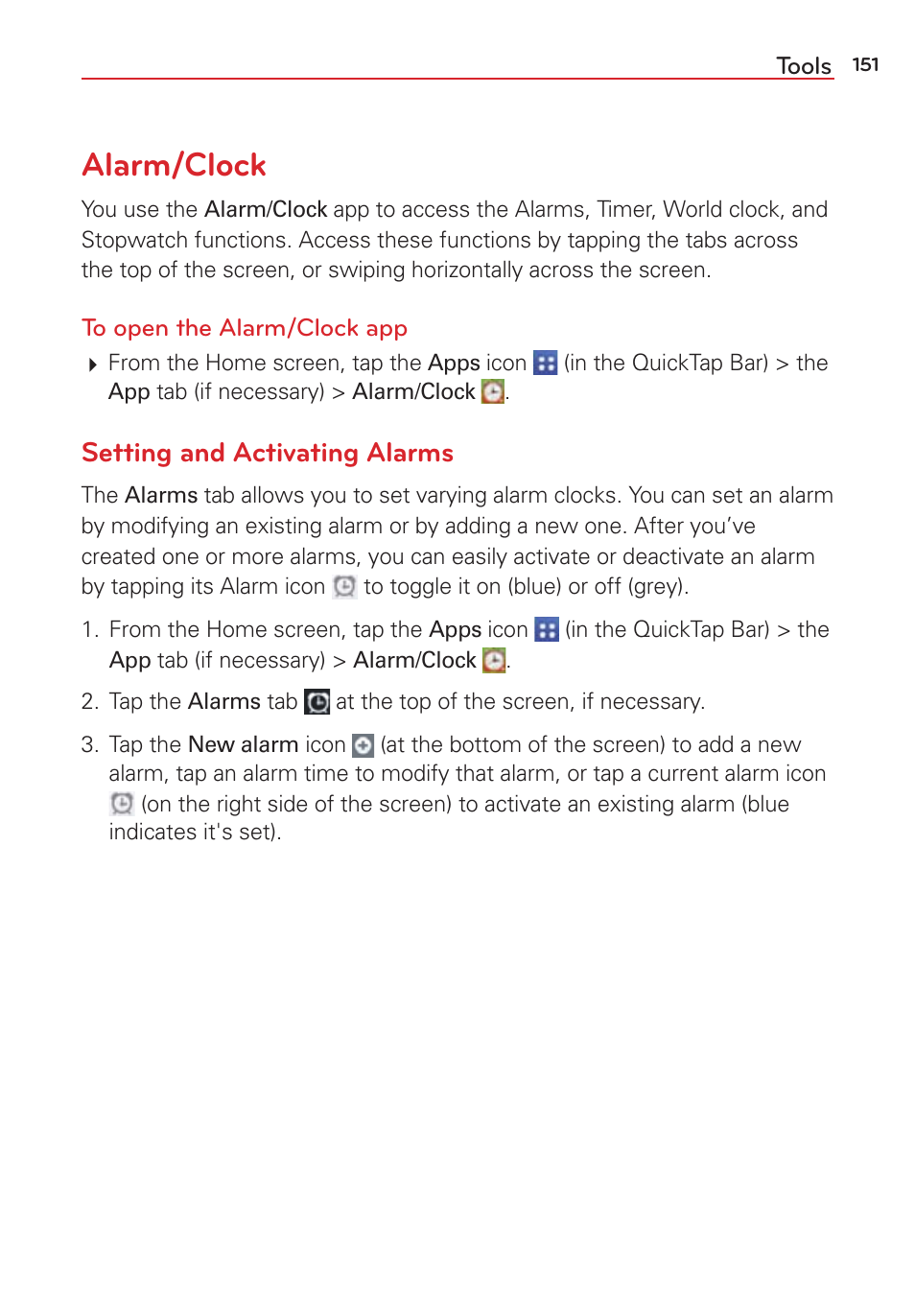 Alarm/clock, Setting and activating alarms | LG LGVS876 User Manual | Page 153 / 226