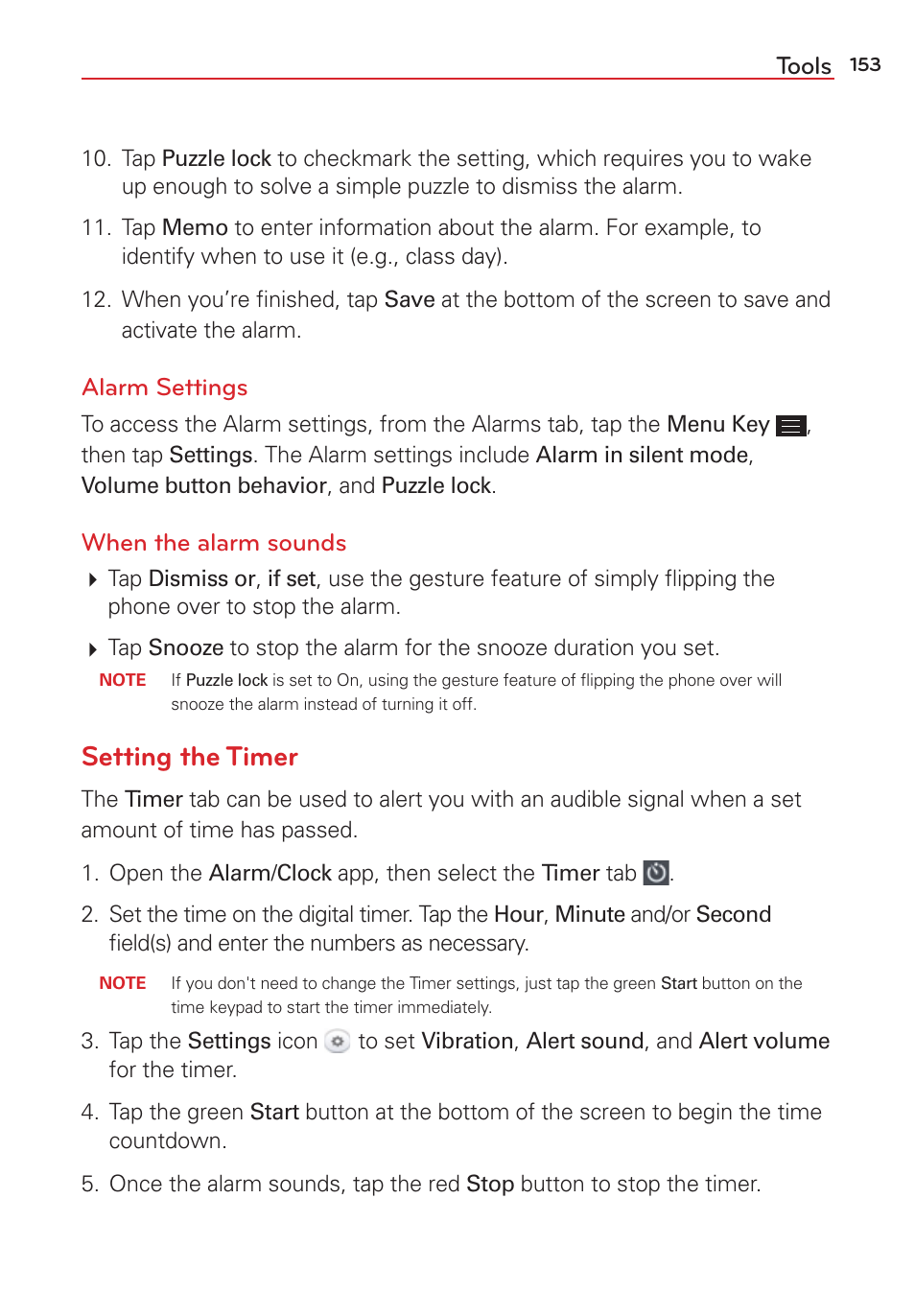 Setting the timer, Tools, Alarm settings | When the alarm sounds | LG LGVS876 User Manual | Page 155 / 226