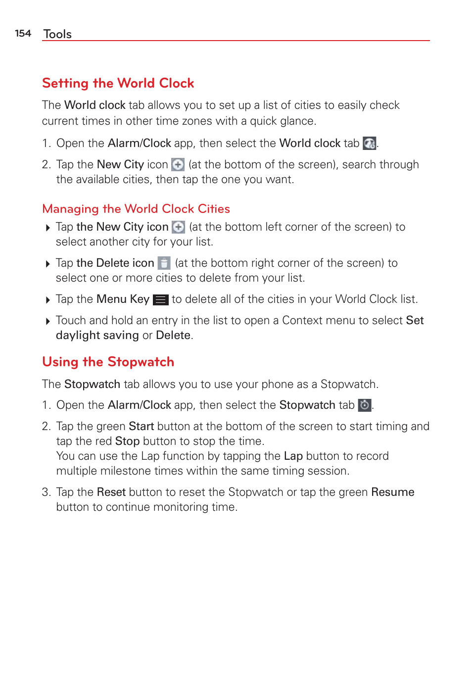 Setting the world clock, Using the stopwatch | LG LGVS876 User Manual | Page 156 / 226