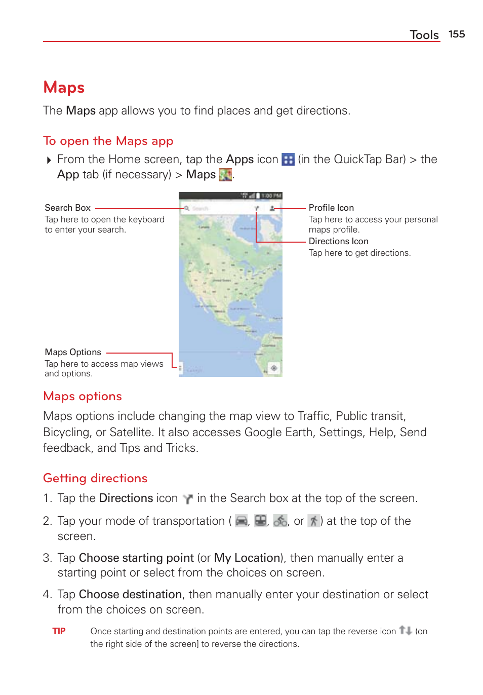 Maps, Tools, Maps options | Getting directions | LG LGVS876 User Manual | Page 157 / 226