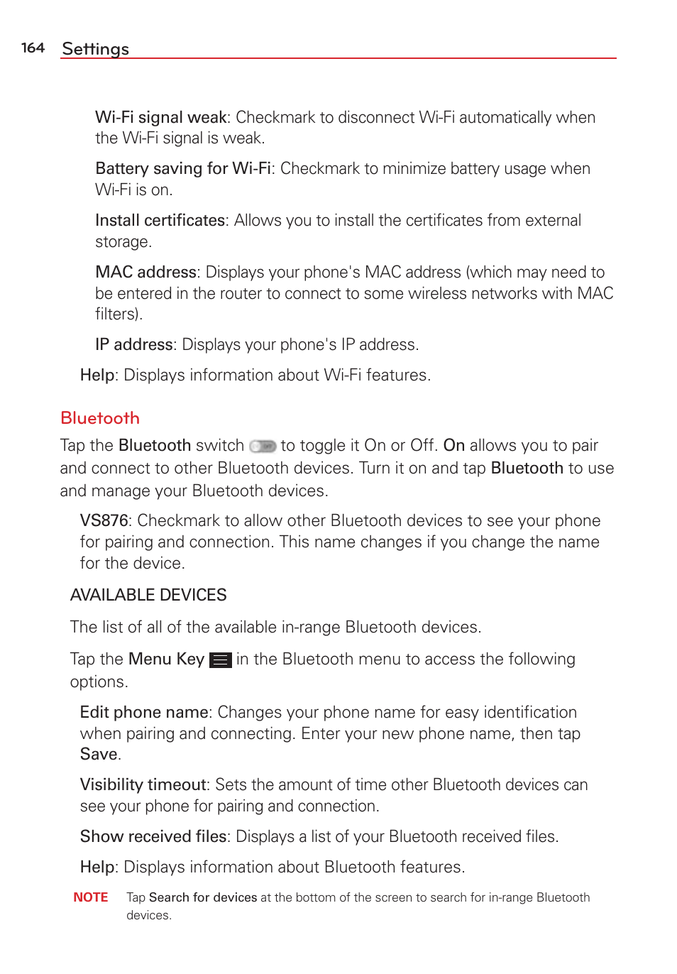 Settings, Bluetooth | LG LGVS876 User Manual | Page 166 / 226