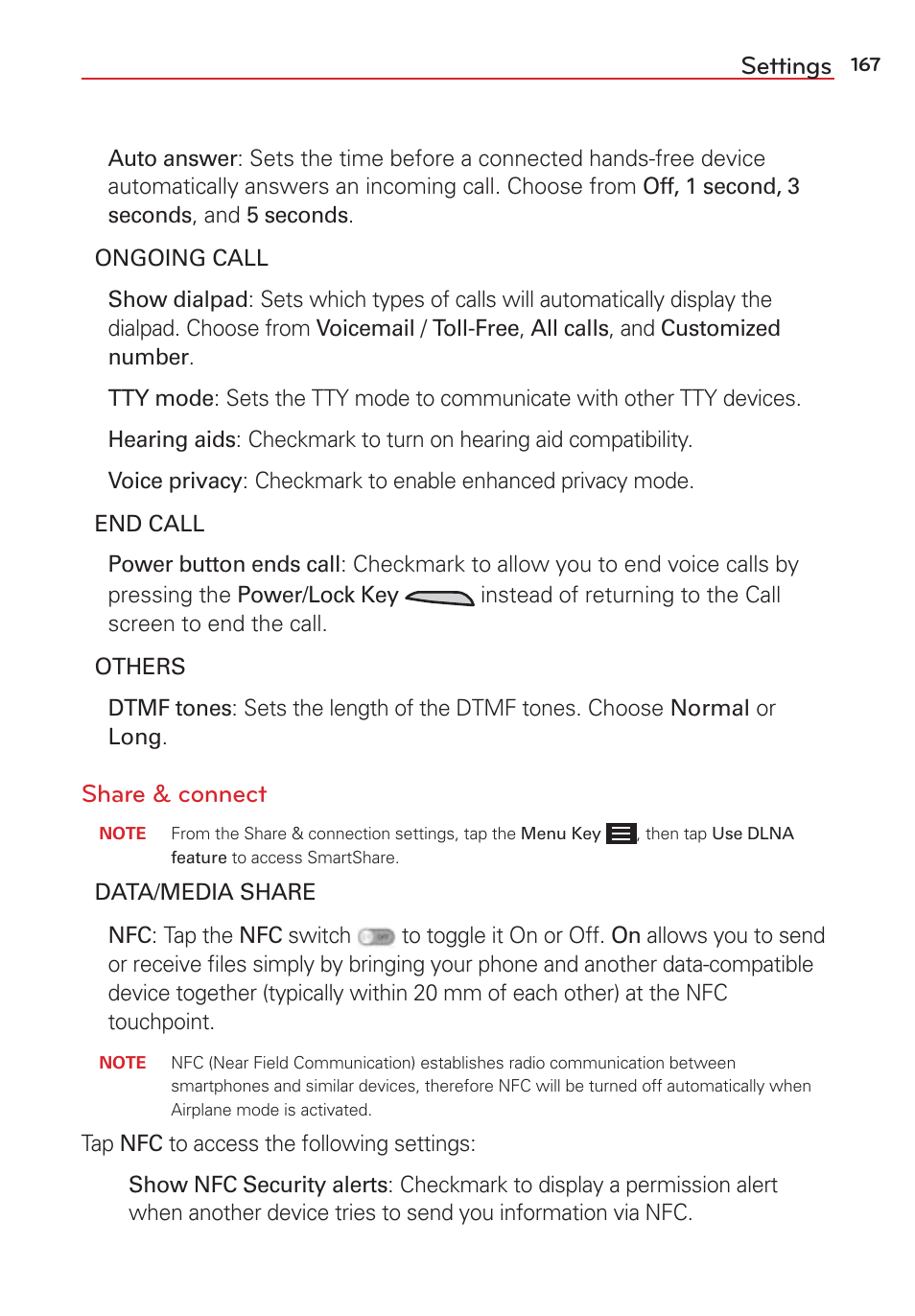 Settings, Share & connect | LG LGVS876 User Manual | Page 169 / 226