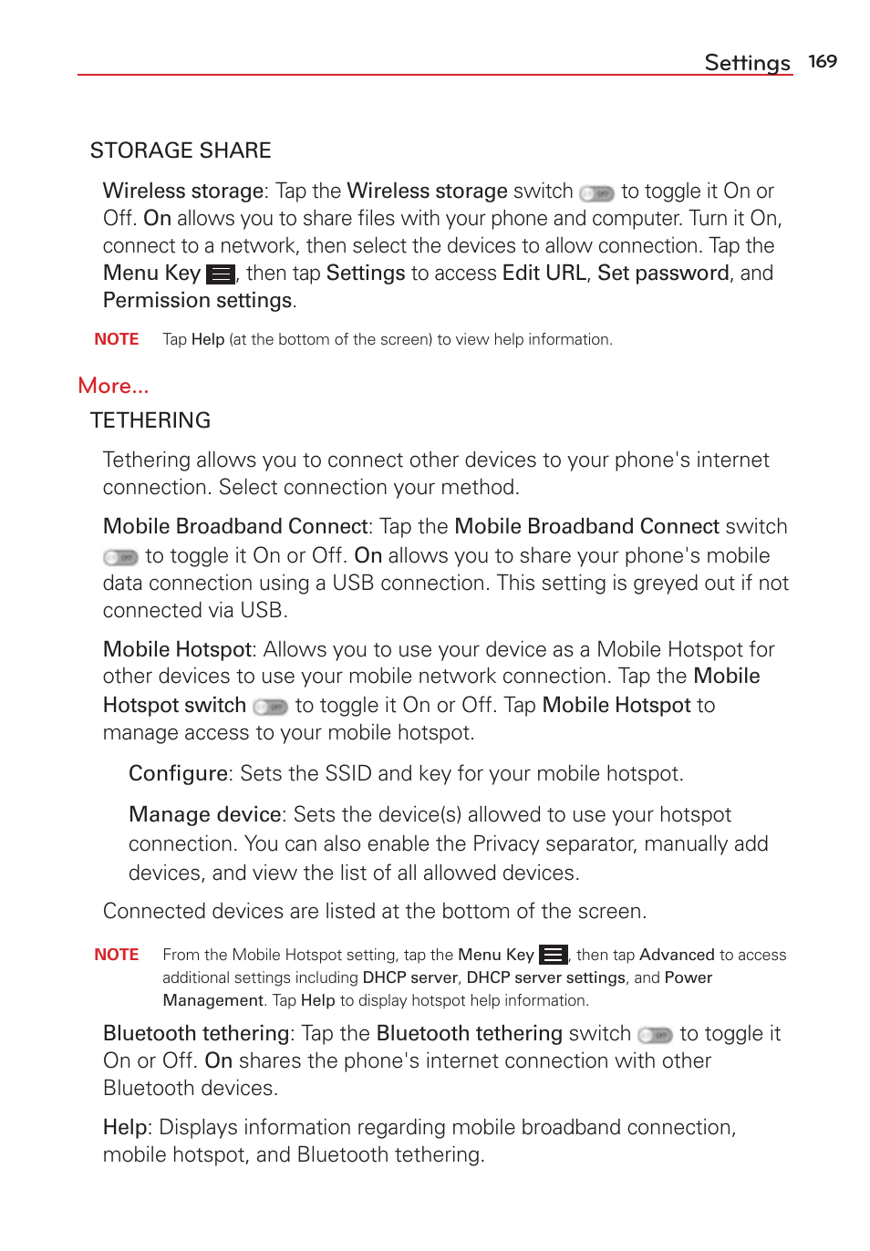 Settings, More | LG LGVS876 User Manual | Page 171 / 226