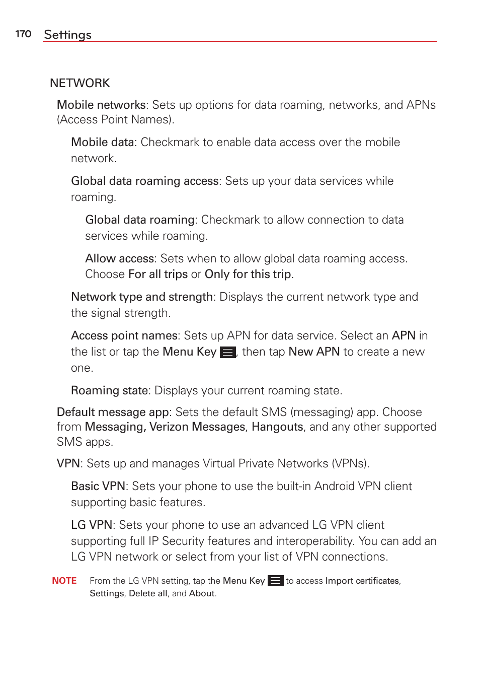 Settings | LG LGVS876 User Manual | Page 172 / 226