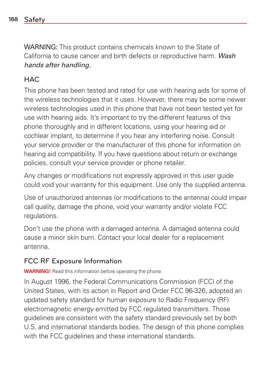 Safety | LG LGVS876 User Manual | Page 190 / 226