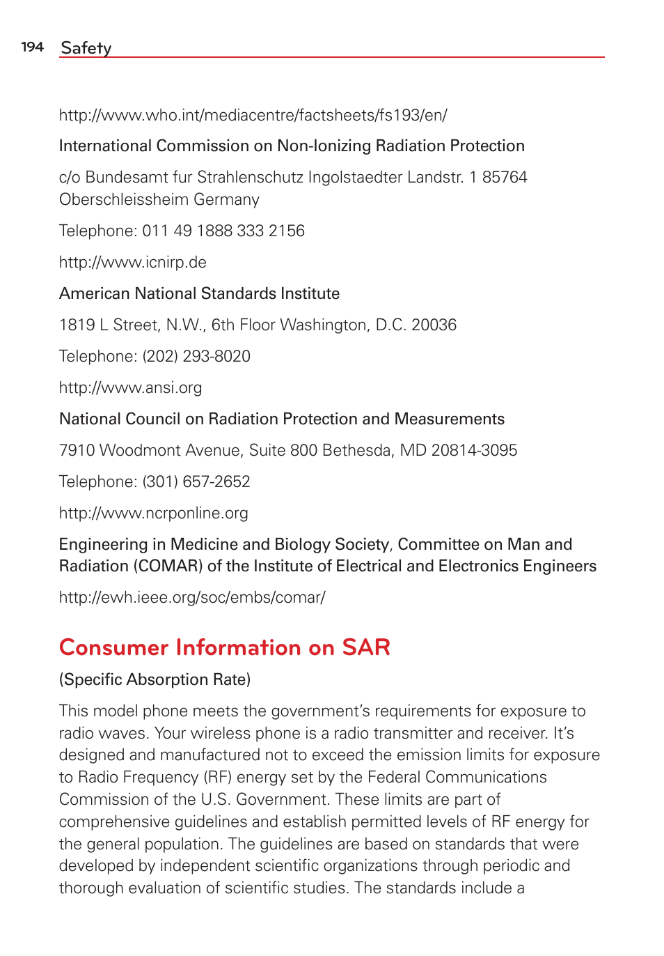 Consumer information on sar | LG LGVS876 User Manual | Page 196 / 226