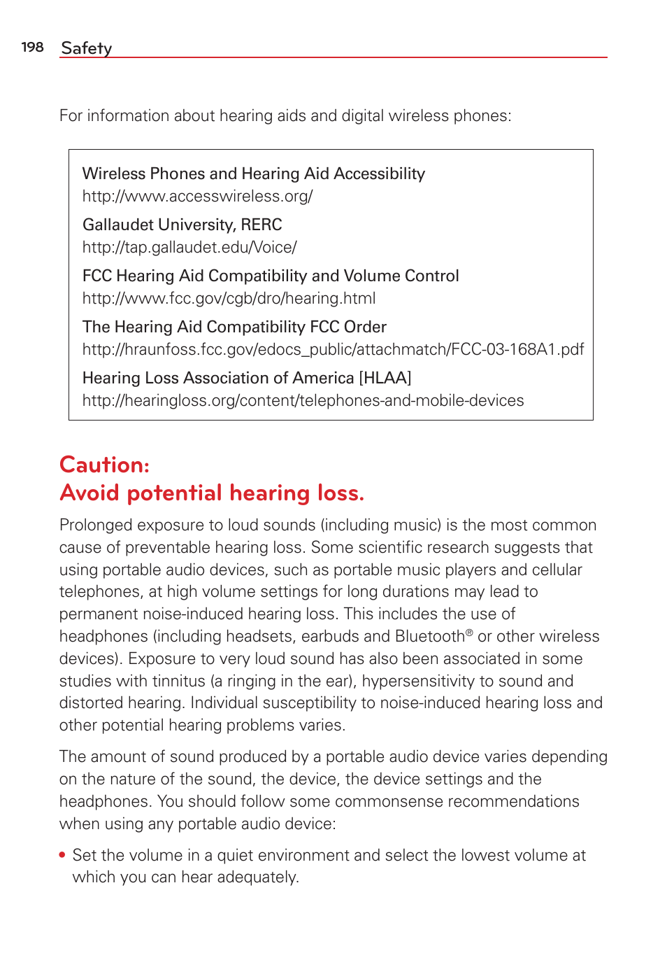 Caution: avoid potential hearing loss | LG LGVS876 User Manual | Page 200 / 226