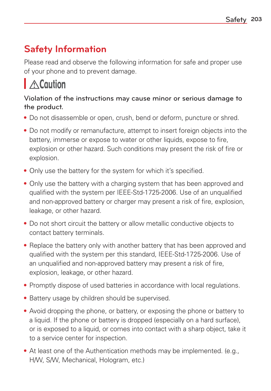 Safety information, Caution | LG LGVS876 User Manual | Page 205 / 226