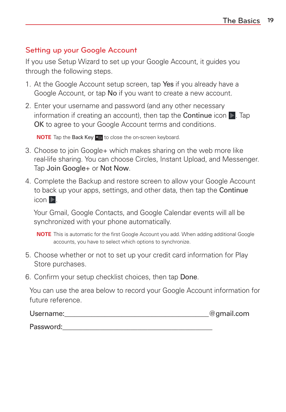 The basics setting up your google account | LG LGVS876 User Manual | Page 21 / 226