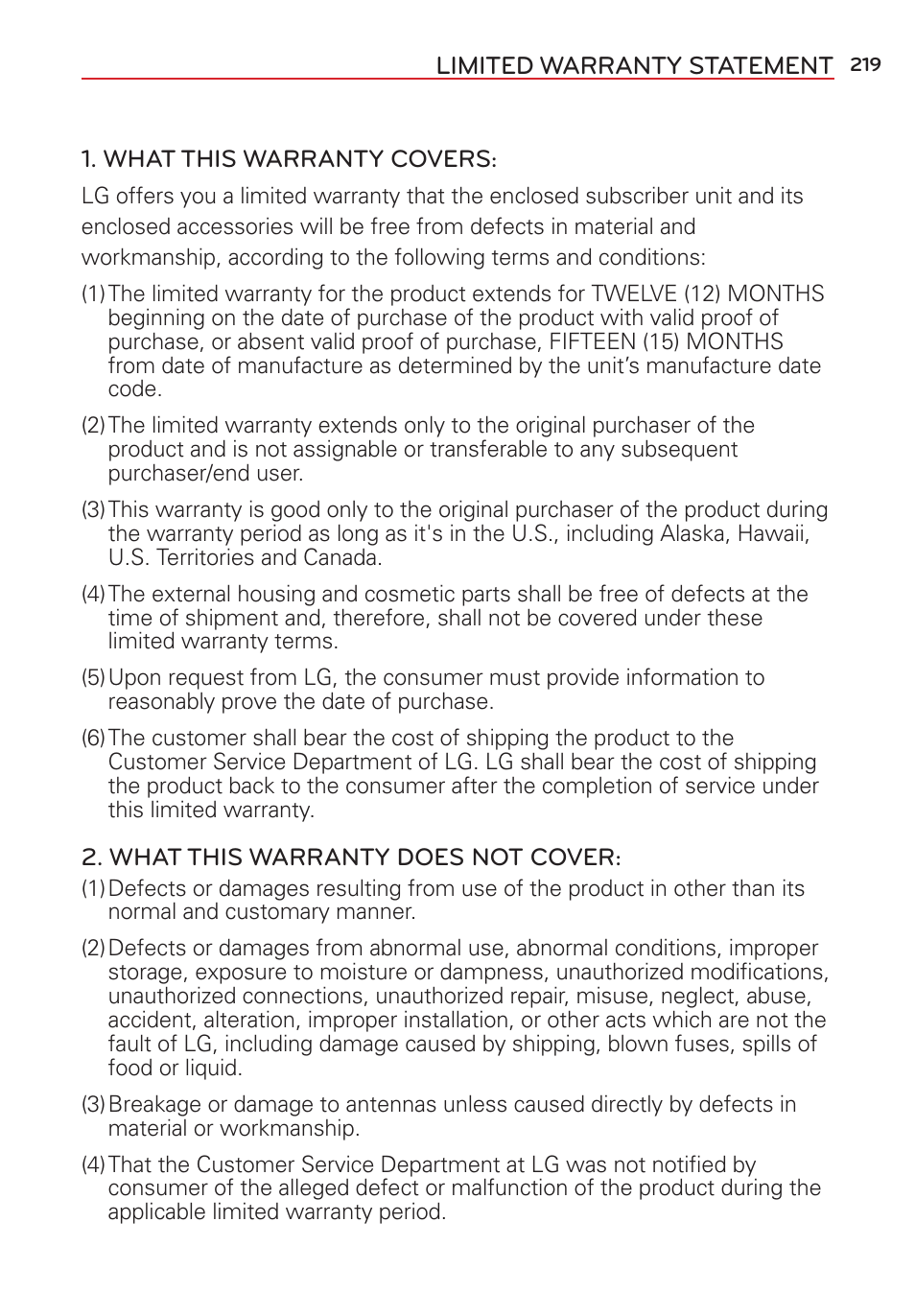 Limited warranty statement | LG LGVS876 User Manual | Page 221 / 226