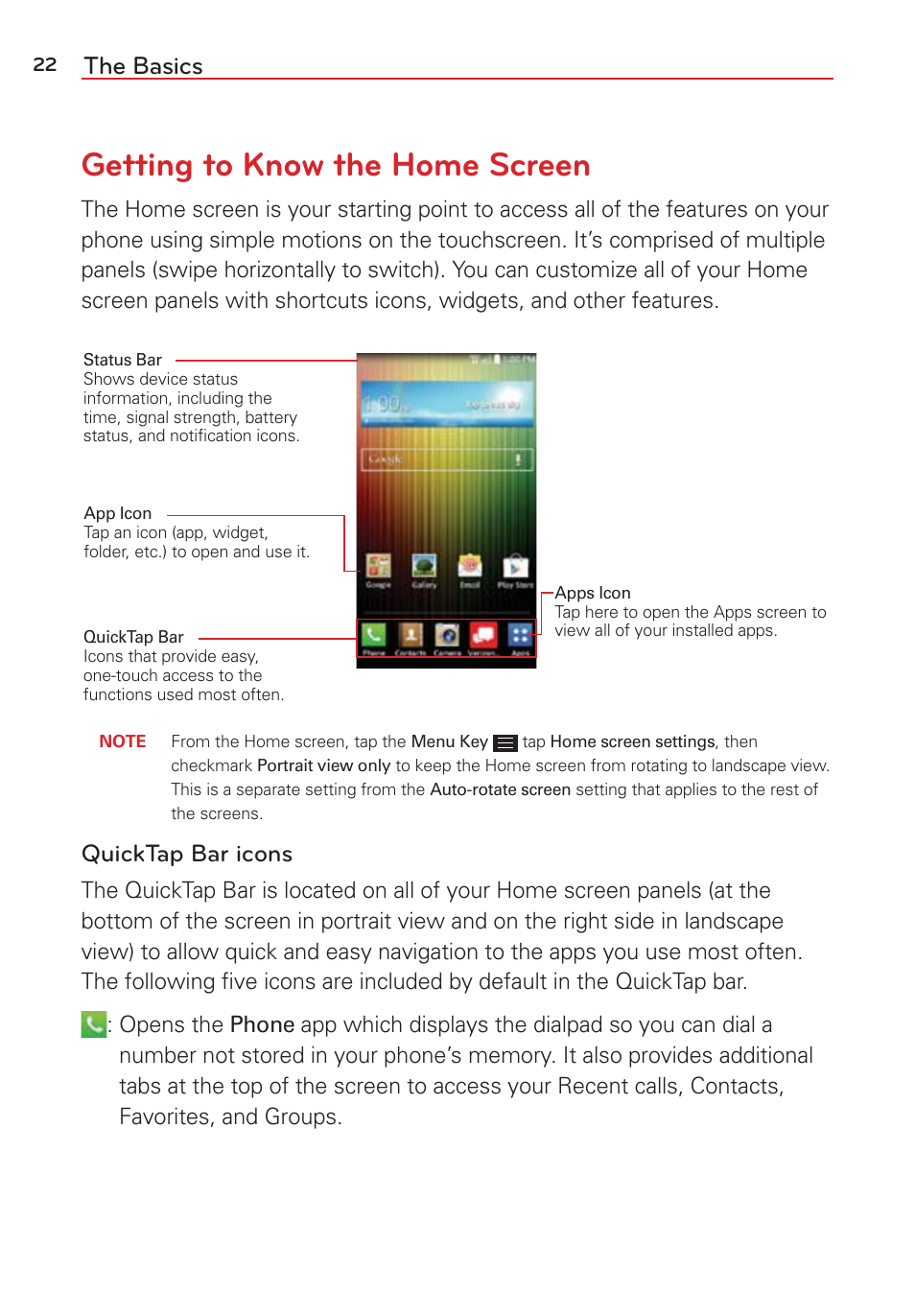 Getting to know the home screen, The basics, Quicktap bar icons | LG LGVS876 User Manual | Page 24 / 226