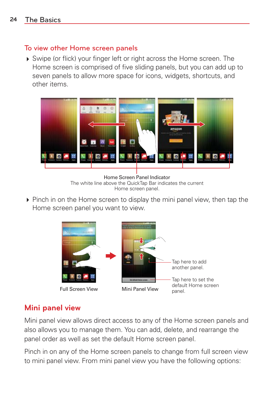 Mini panel view, The basics to view other home screen panels | LG LGVS876 User Manual | Page 26 / 226