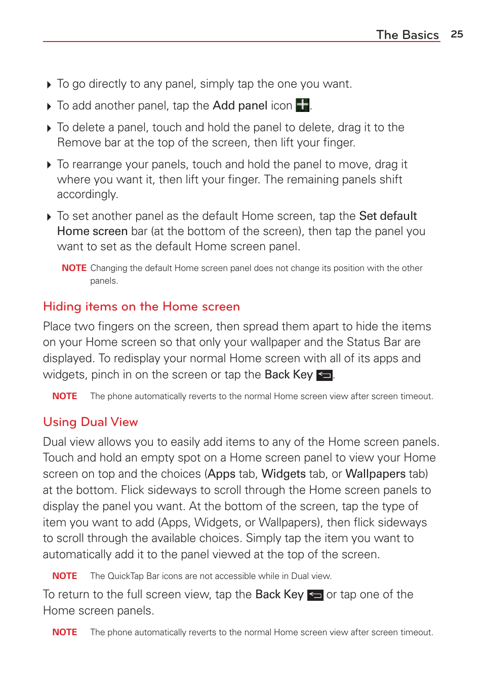 The basics, Hiding items on the home screen, Using dual view | LG LGVS876 User Manual | Page 27 / 226