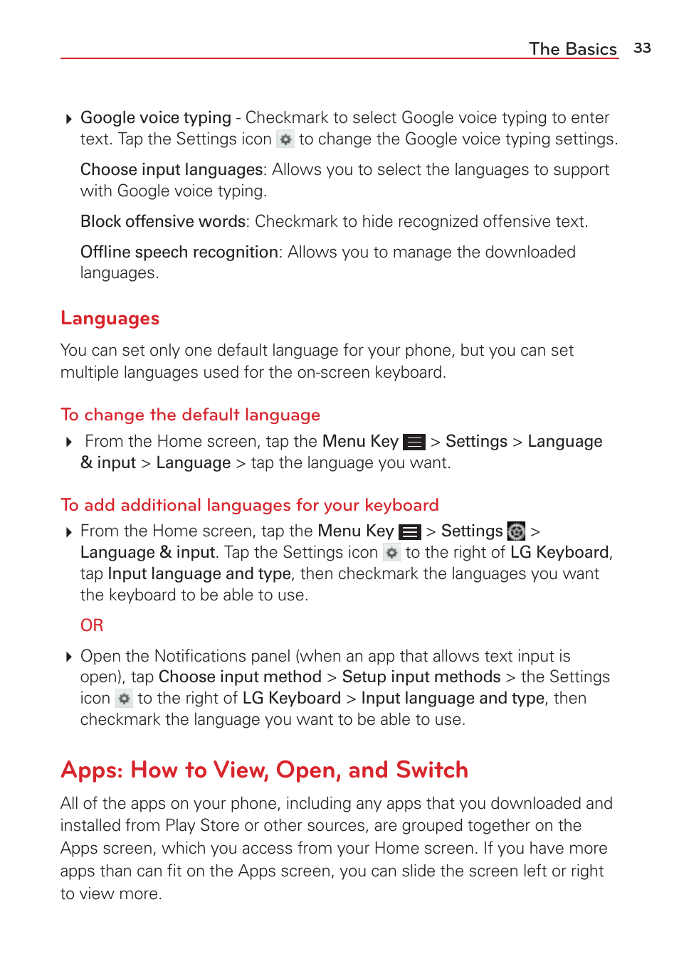 Apps: how to view, open, and switch, Languages | LG LGVS876 User Manual | Page 35 / 226