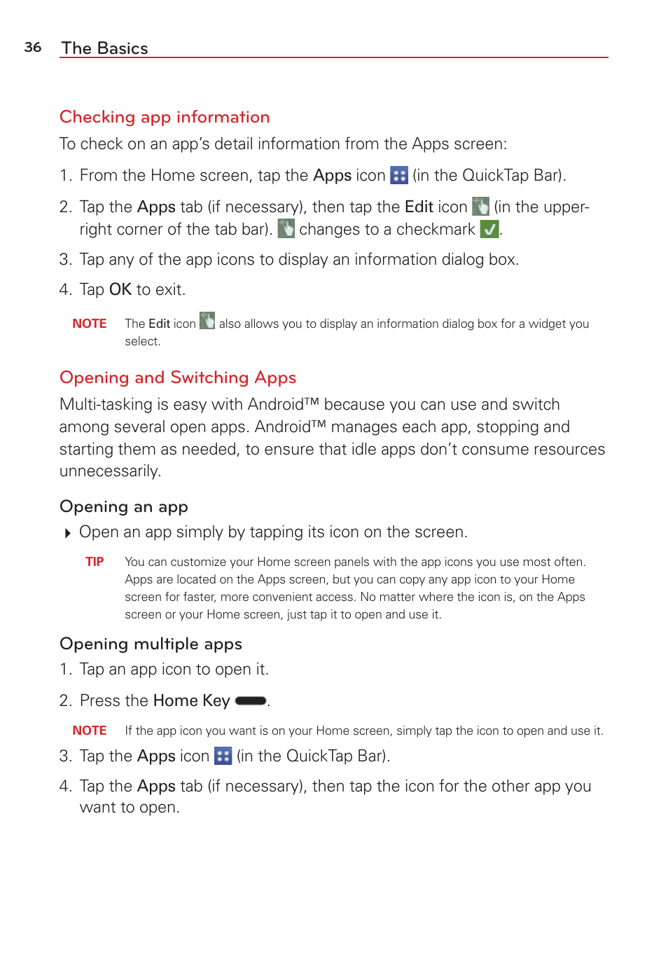 The basics checking app information, Opening and switching apps, Opening an app | Opening multiple apps | LG LGVS876 User Manual | Page 38 / 226