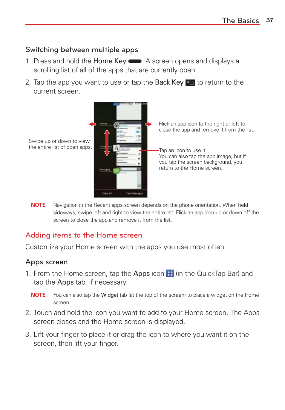 The basics, Adding items to the home screen, Switching between multiple apps | Apps screen | LG LGVS876 User Manual | Page 39 / 226