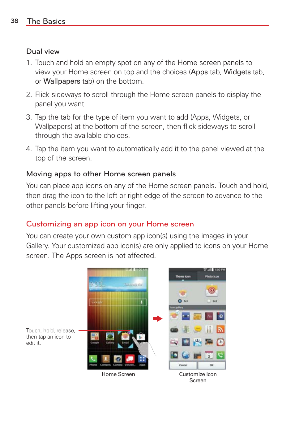 The basics, Customizing an app icon on your home screen | LG LGVS876 User Manual | Page 40 / 226